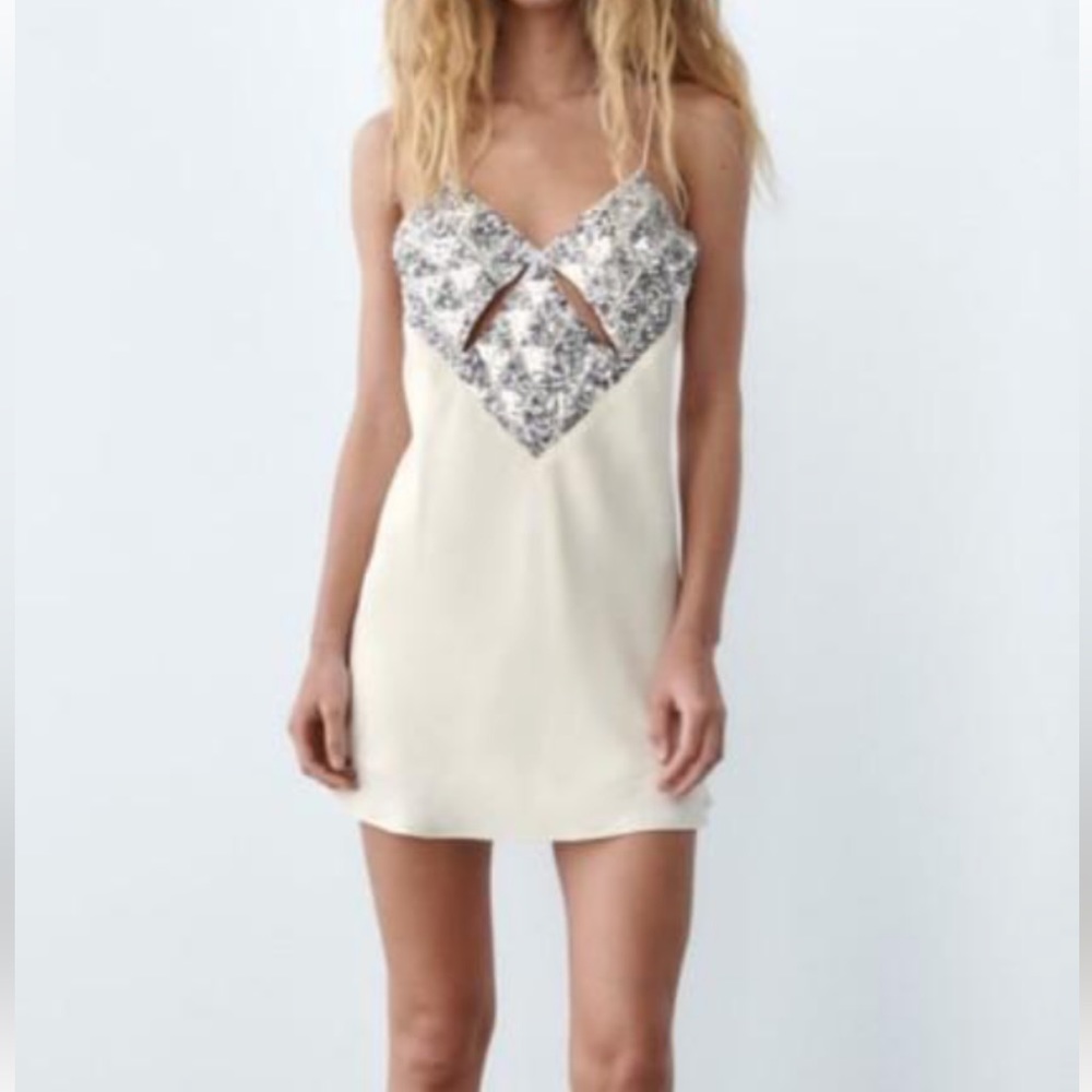 Zara nude mini dress with cut outs and silver sparkles